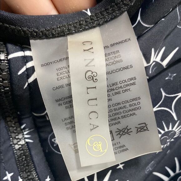 Cyn & Luca M Sun Moon Star Zip Front One-Piece Swimsuit Black Celestial‎ Print - Picture 2 of 12